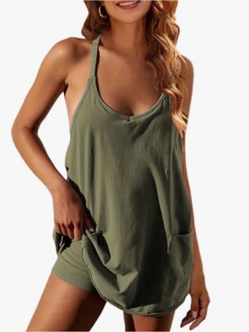 Sleeveless Mini Dress V Neck Spaghetti Straps Athletic Built-in Shorts Sundress